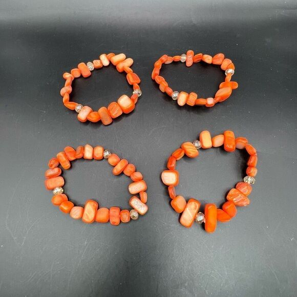Freeform Shell Bead Bracelet Lot 4 Orange Beaded Stretch Coconut Beach Kawaii - Picture 2 of 7